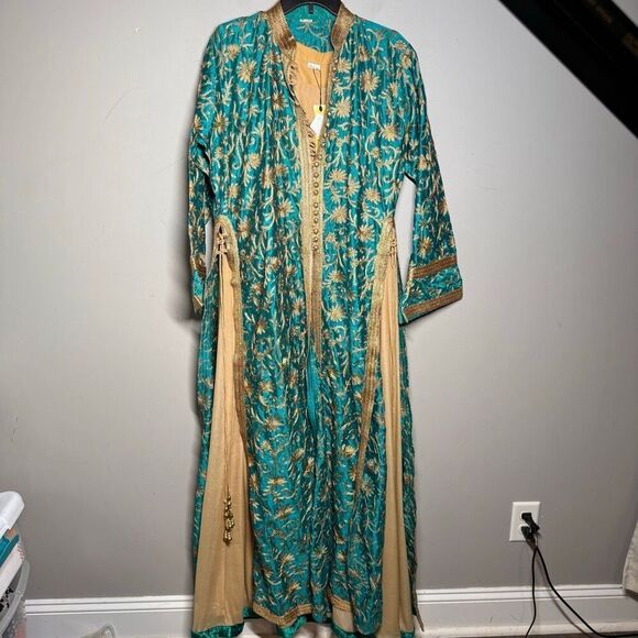 Two piece satin embroidered baroque pattern duster and slip dress